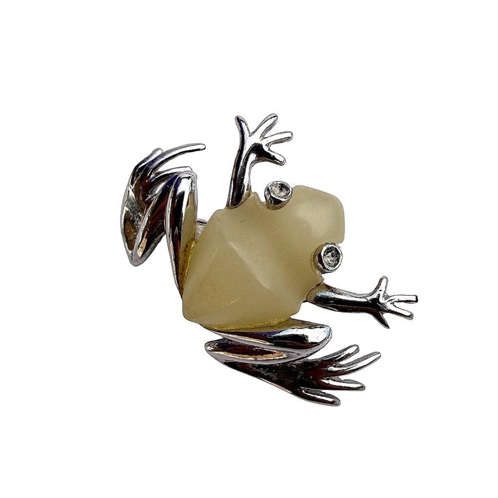 Frog Brooch Lapel Hat Bag Pin Silver Tone Frosted Resin Eyes Figural Amphibian